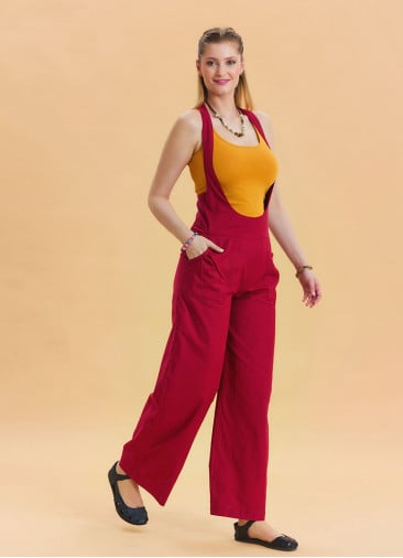Red Womens Wide Leg Jumpsuit with Zipper Detail and Pockets 4673
